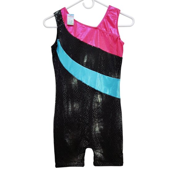 Girls Shiny Gymnastics Tank Leotard With Pink Black & Blue Panels Size 14-15 - Picture 1 of 6
